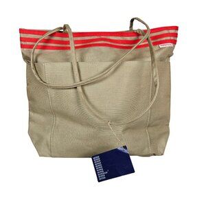 Vintage Large SuperSac Shopper Tote Bag With Stripes Khaki & Red Canvas NEW
